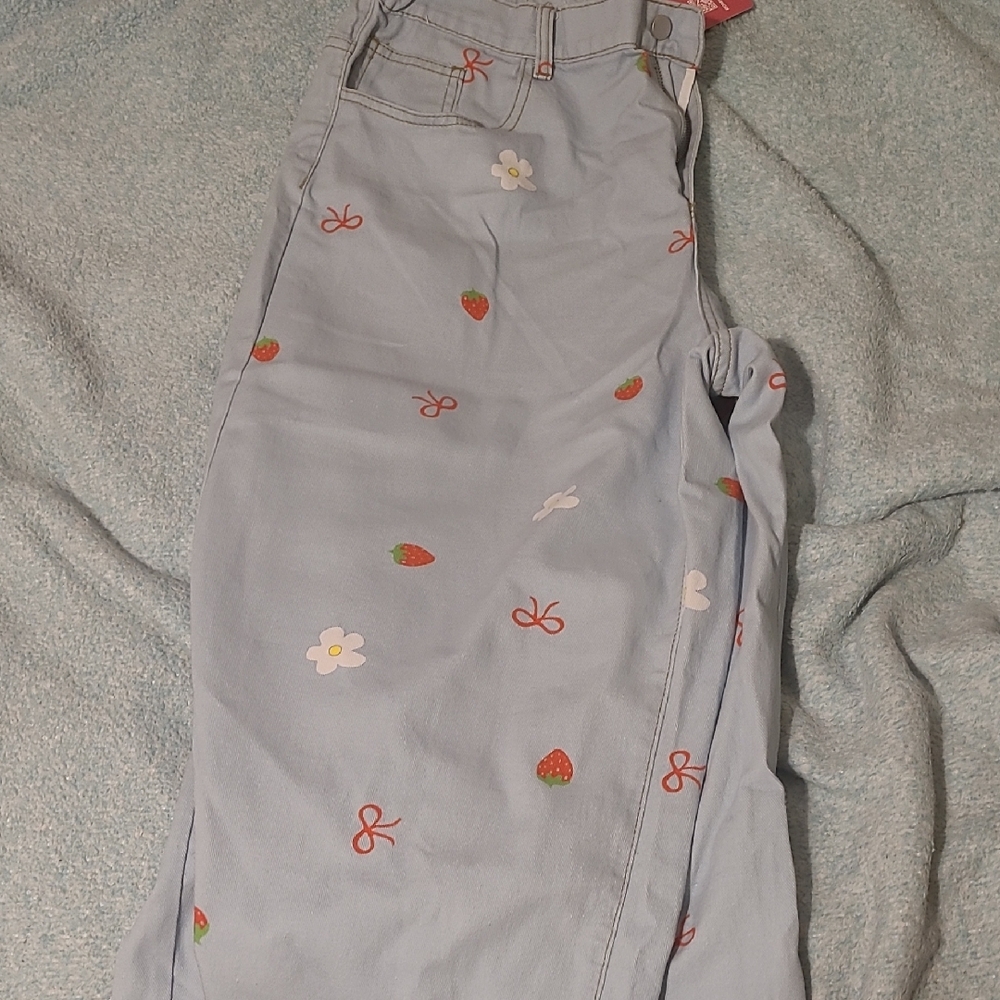 ROMWE Light Blue Embroidered Jeans with Strawberry & Daisy Details